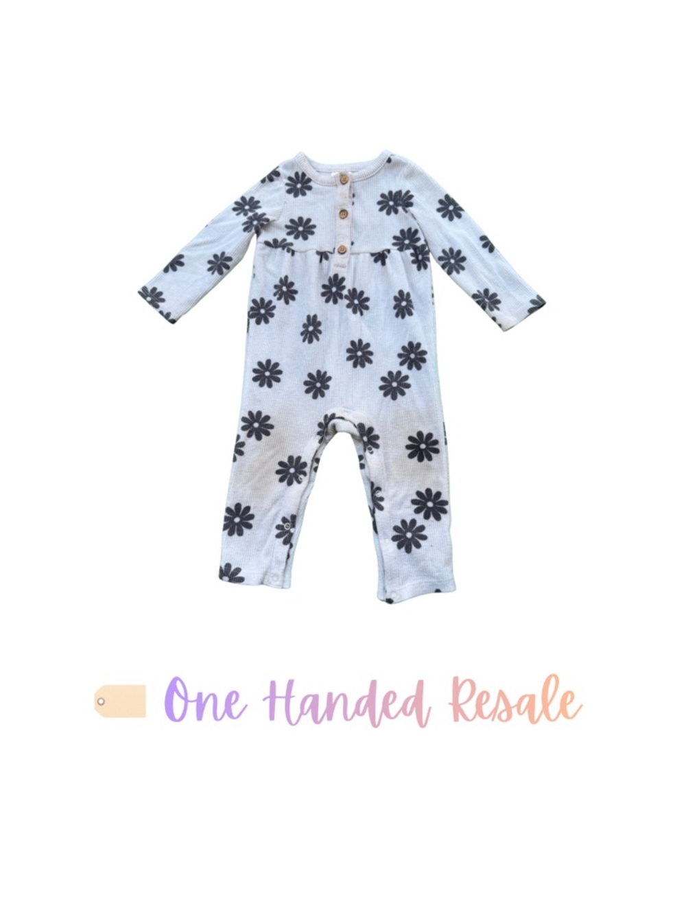 🤍 Cat & Jack Kids Long Sleeve White Baby Romper Black Floral Print Buttons 12M